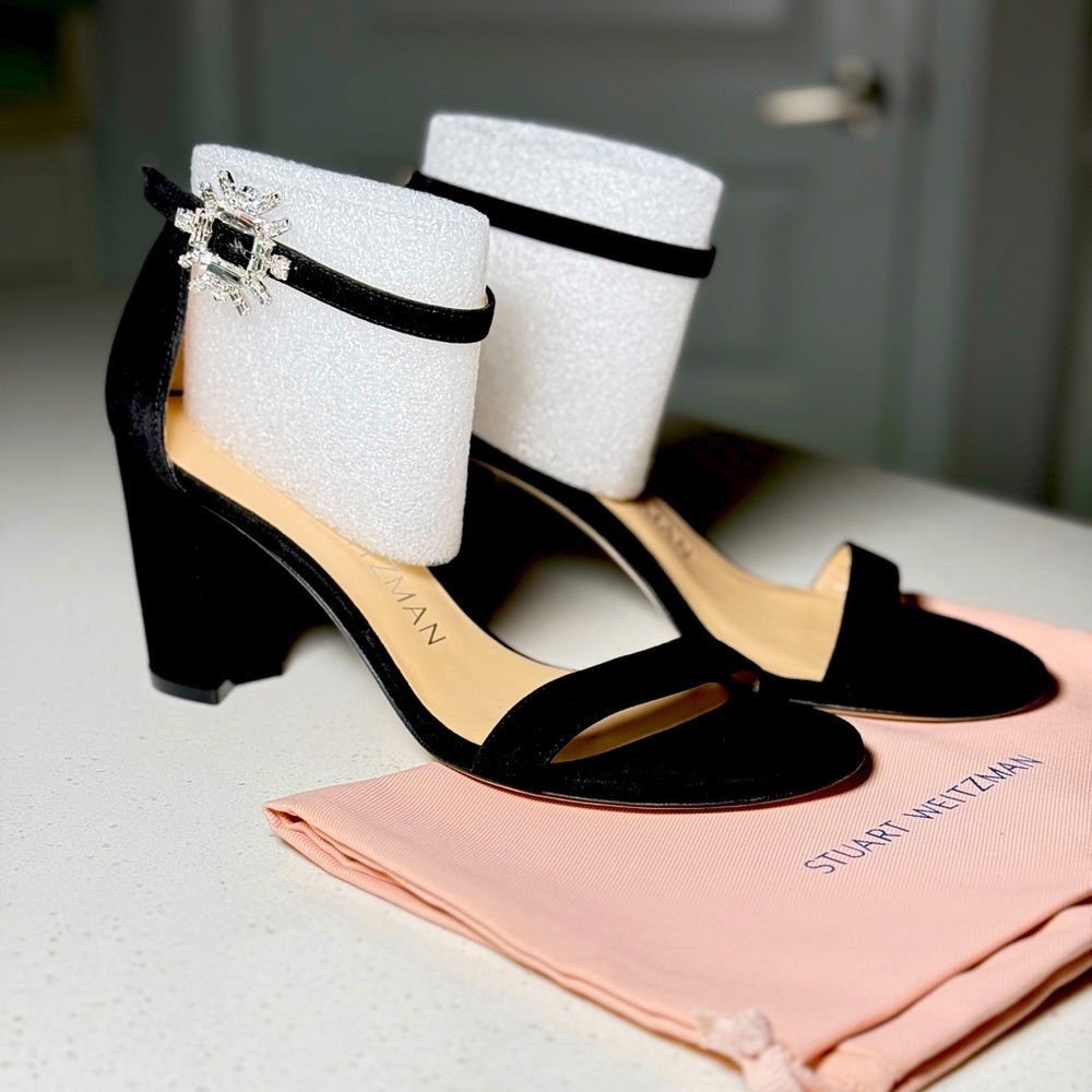 NWOB/T Stuart Weitzman Crystal Nova Clear Black Suede Block Heels